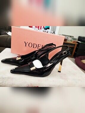 YODEKS Black Patent Slingback Heels Gold Heel Pointed Toe Pumps Womens NEW